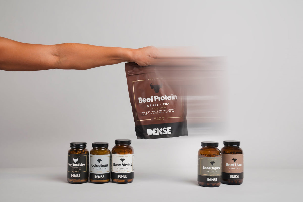Hönd heldur á DENSE Grass-Fed Beef Protein nautapróteini með súkkulaðibragði